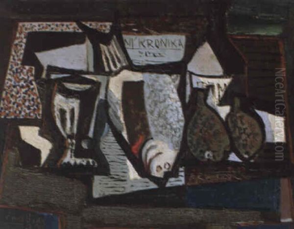 Stilleben Mit Zeitung, Glas Und Fischen by Emil Filla