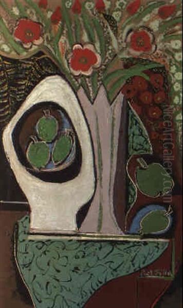 Stilleben Mit Blumenvase Und Obstschale by Emil Filla