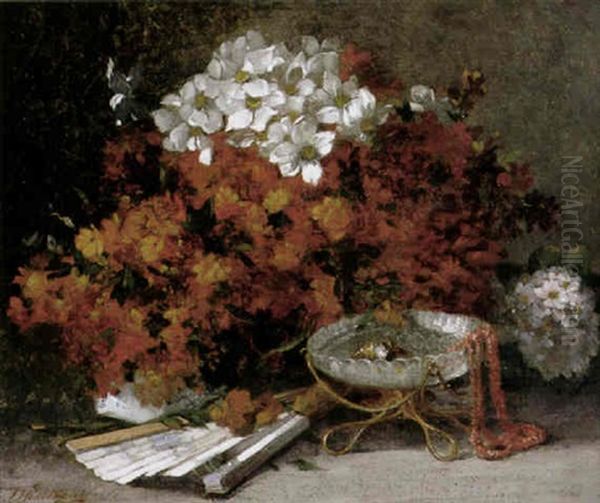 Blumenstilleben Mit Aufsatzschale, Korallenkette Und Schmuck, Facher Und Blutenstrauschen Oil Painting by Benoit Fillatreau