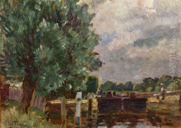 Sunbury Lock Oil Painting by Alfred William (Willy) Finch