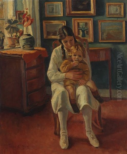 Interior With A Girl Sitting With A Smaller Child On Her Lap Oil Painting by Ludvig Find