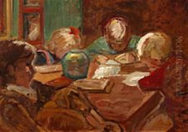 Interior With Reading Children Around The Table Oil Painting by Ludvig Find