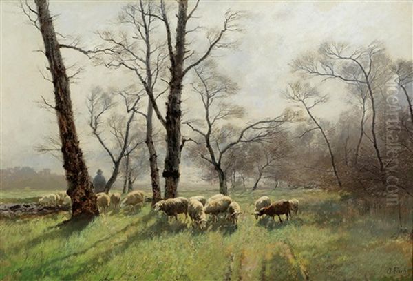 Shepherd With His Flock In The Evening Light Oil Painting by August Fink