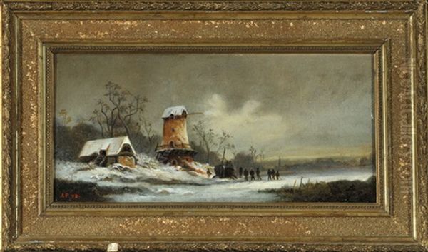 Winterlandschaft Mit Windmuhle Und Personen Auf Dem Eis Oil Painting by August Fink