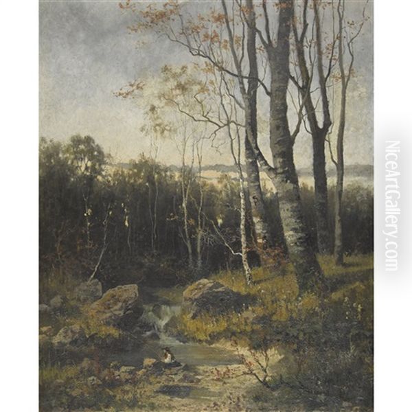 Waldbach Mit Angler Oil Painting by August Fink