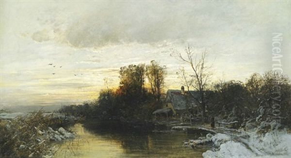 Winterliche Flusslandschaft Im Abendlicht Oil Painting by August Fink