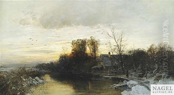 Winterliche Flusslandschaft Im Abendlicht Oil Painting by August Fink