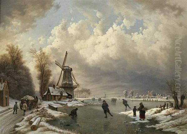 Winterliches Eisvergnugen In Weiter Niederlandischer Landschaft Mit Windmuhlen, Einem Holzfuhrwerk Und Personen Oil Painting by August Fink