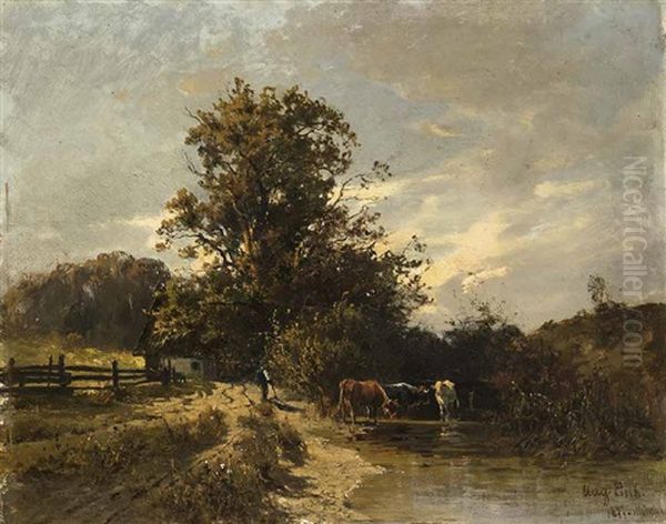 Hirte Mit Kuhen An Einer Furt Oil Painting by August Fink