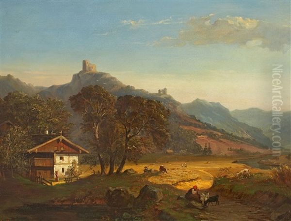 Mountain Landscape With A Farm House And The Ruins Of A Castle Oil Painting by August Fink