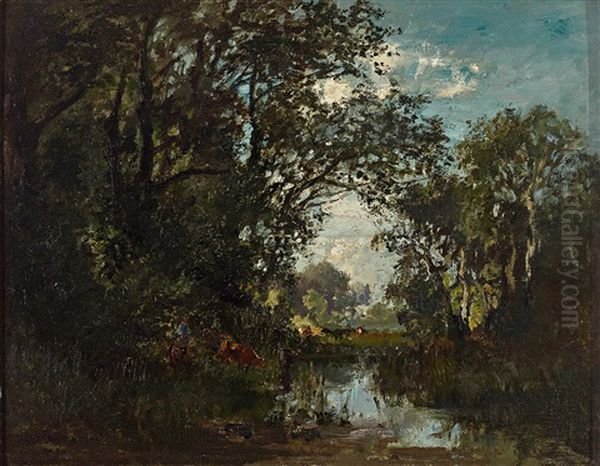 Weidelandschaft Mit Kuhen Am Waldteich Oil Painting by August Fink