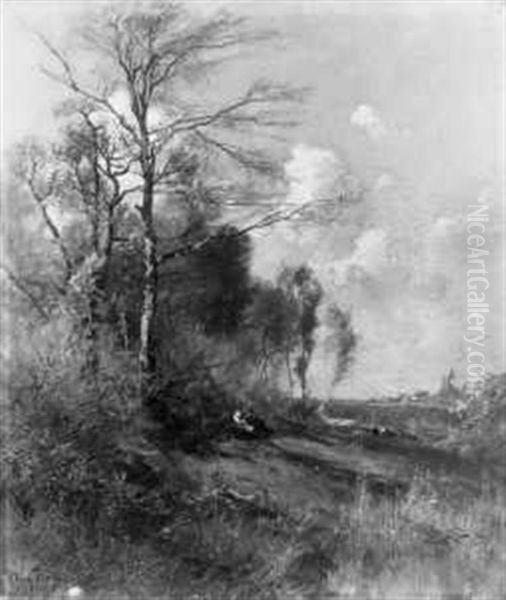 Die Rast Am Waldrand. Fruhlingslandschaft Oil Painting by August Fink