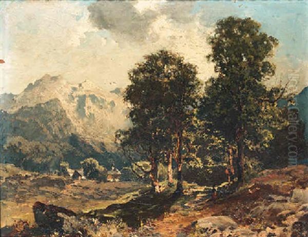 A Mountainous Landscape With A Traveller On A Path Oil Painting by August Fink