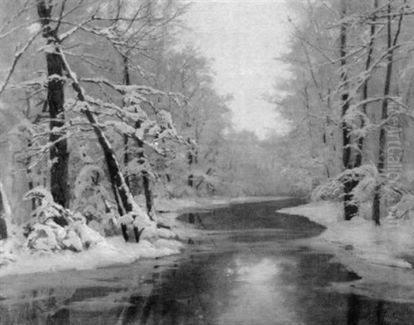 Stille Flusslandschaft Im Winter Oil Painting by August Fink