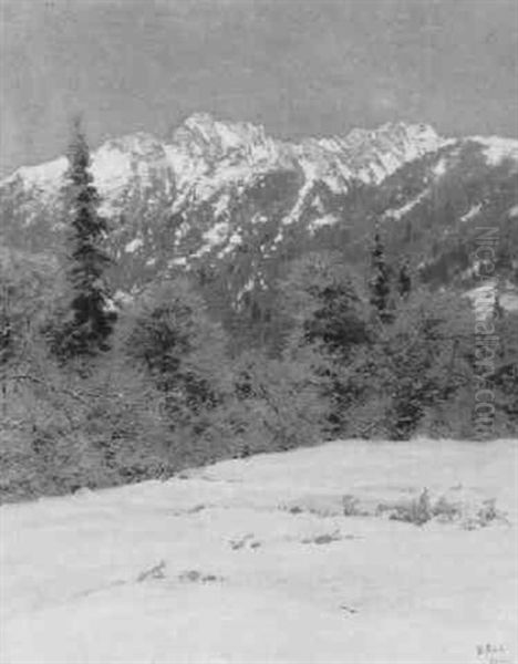 A Mountainous Landscape In Winter Oil Painting by August Fink