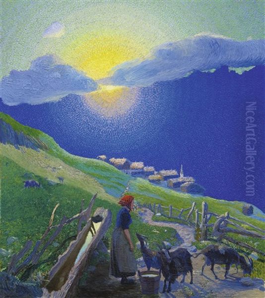 Hirtin Mit Ziegen Auf Der Alp Bei Sonnenuntergang Oil Painting by Waldemar Theophil Fink