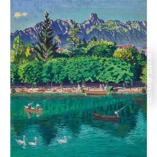 Morgen An Der Aare In Thun Mit Stockhorn Oil Painting by Waldemar Theophil Fink