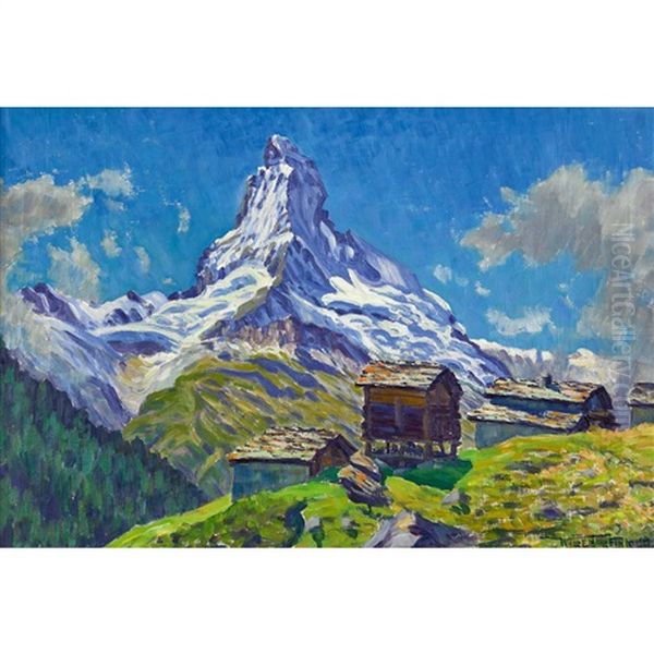 Matterhorn Mit Hutten In Findelen Ob Zermatt Oil Painting by Waldemar Theophil Fink