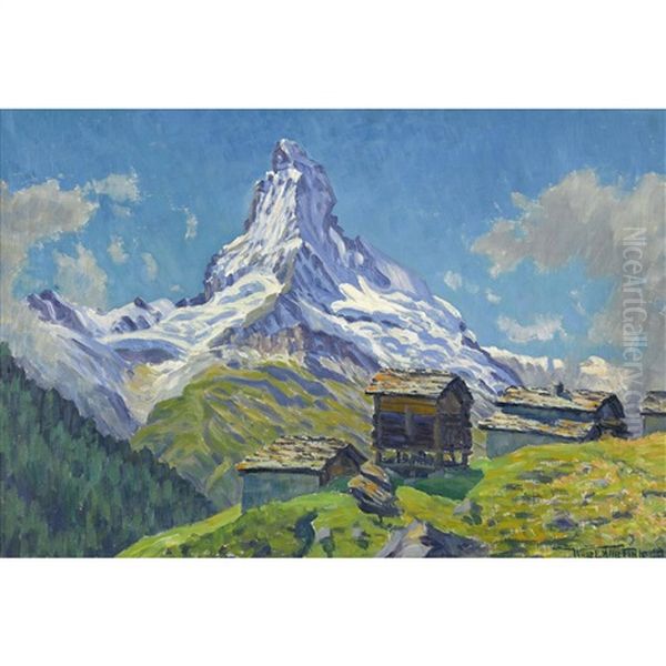 Matterhorn Mit Hutten In Findelen Ob Zermatt Oil Painting by Waldemar Theophil Fink