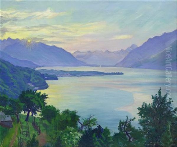 Sonnenaufgang Am Lago Maggiore Mit Blick Gegen Ascona Oil Painting by Waldemar Theophil Fink