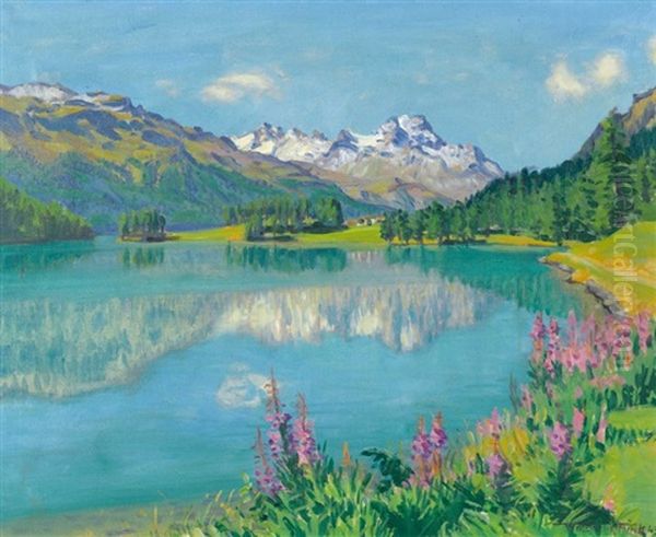 Blumiges Ufer Am Champfersee (engadin) Oil Painting by Waldemar Theophil Fink