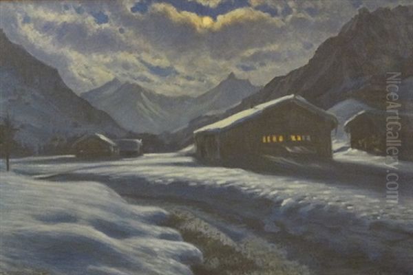 Nuit D'hiver Au Clair De Lune Dans Les Alpes Bernoises Oil Painting by Waldemar Theophil Fink