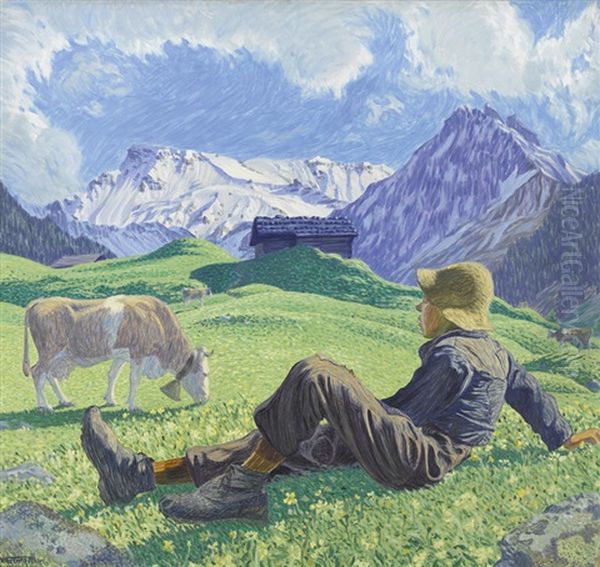 Hirtenknabe Auf Der Fruhlingsalp Oil Painting by Waldemar Theophil Fink