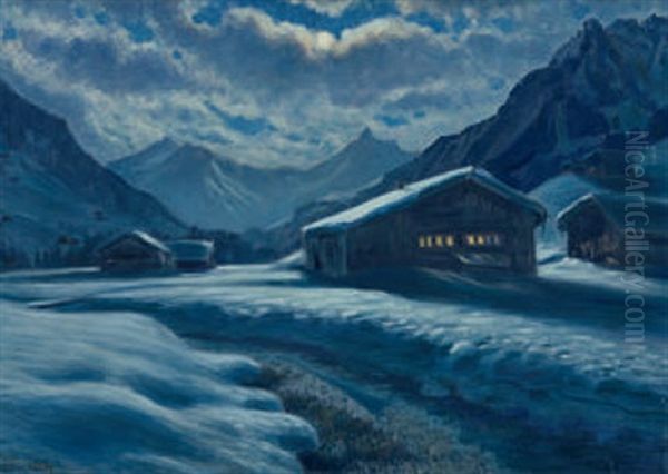 Winterliche Nachtlandschaft Mit Alphutten Oil Painting by Waldemar Theophil Fink