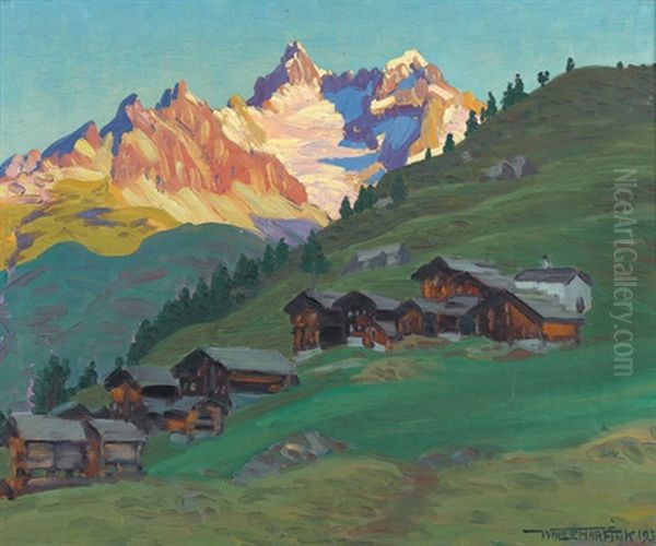 Fruhmorgen Bei Findeln Ob Zermatt Mit Gabelhornern Oil Painting by Waldemar Theophil Fink