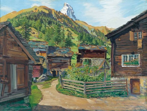 Sommerliche Ansicht Des Dorfes Zum See Mit Matterhorn Oil Painting by Waldemar Theophil Fink