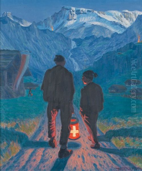 Grossvater Und Enkel Mit Lampion Am 1. August Oil Painting by Waldemar Theophil Fink