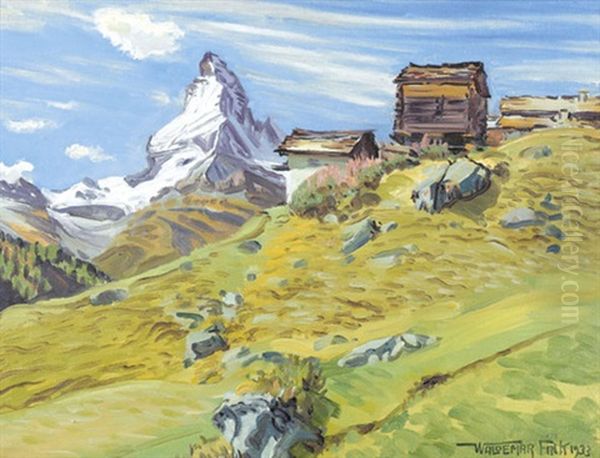 Hutten In Stafeln Bei Findelen Mit Matterhorn by Waldemar Theophil Fink