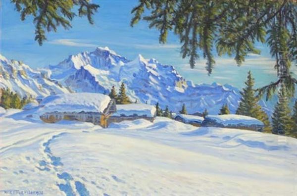 Sonniger Wintertag, Steinmatte, Geissenstalle Bei Wengen Oil Painting by Waldemar Theophil Fink