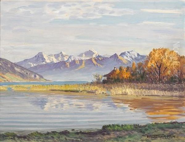 Uferpartie Am Thunersee Mit Alpenkette Oil Painting by Waldemar Theophil Fink