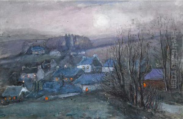 Village At Dusk Oil Painting by William Edwin Atkinson