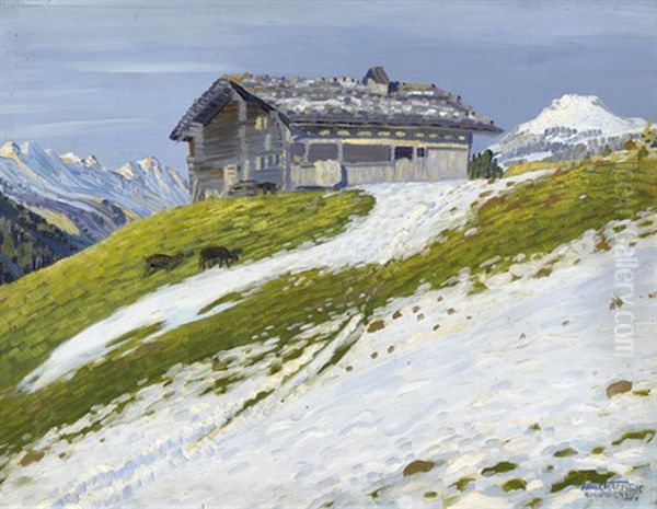 Vorfruhlingspartie Im Berner Oberland Mit Chalet Oil Painting by Waldemar Theophil Fink