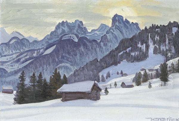 Gummfluh Und Rublihorn Von Schonried Bei Saanen Oil Painting by Waldemar Theophil Fink