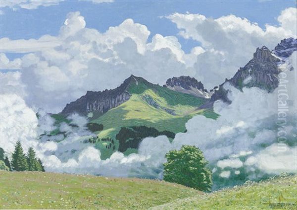 Aufsteigender Nebel In Sommerlicher Adelbodner Landschaft Oil Painting by Waldemar Theophil Fink