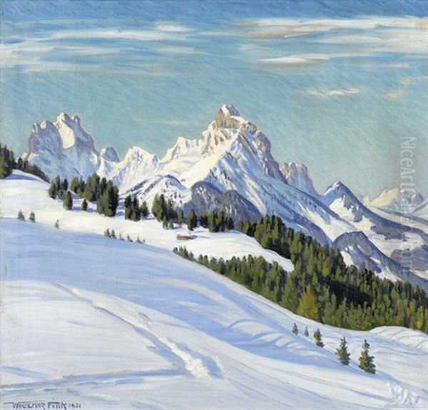 Sonnige Winterlandschaft Mit Bietschhorn Oil Painting by Waldemar Theophil Fink