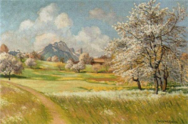 Kirschbluhet Am Thunersee Mit Stockhorn Oil Painting by Waldemar Theophil Fink