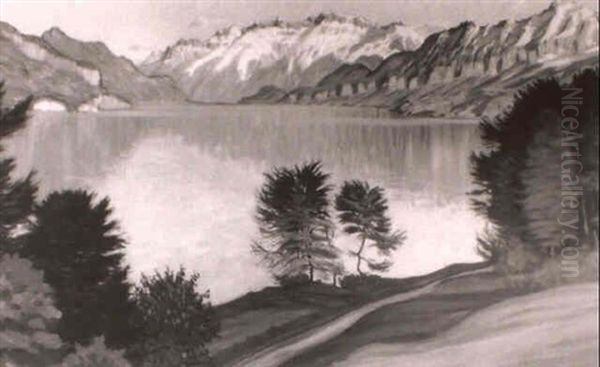 A Mountainous Lake Landscape Oil Painting by Waldemar Theophil Fink