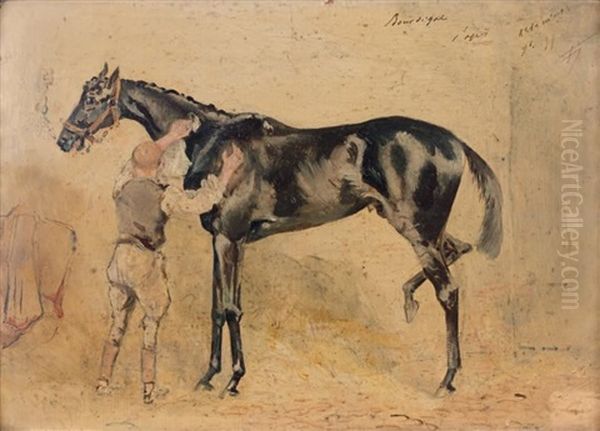 Cheval Au Pansage: Bourdigne Oil Painting by Jules Baron Finot