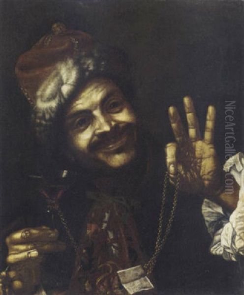 A Man In A Fur-lined Cap Holding A Glass Of Wine With A Gold Chain Oil Painting by Louis (Ludovico) Finson