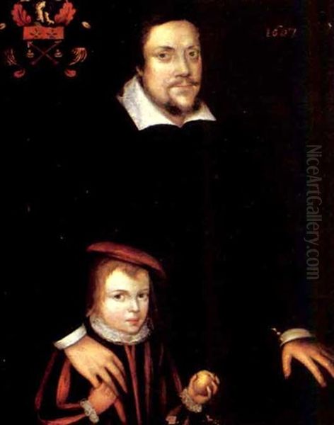 Portrait Of A Gentleman Wearing A Dark Tunic, With His Right Hand Resting On A Boy's Shoulder Oil Painting by Louis (Ludovico) Finson