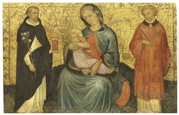 The Madonna Of Humility With Saint Dominic And Another Male Saint Oil Painting by Jacobello Del Fiore