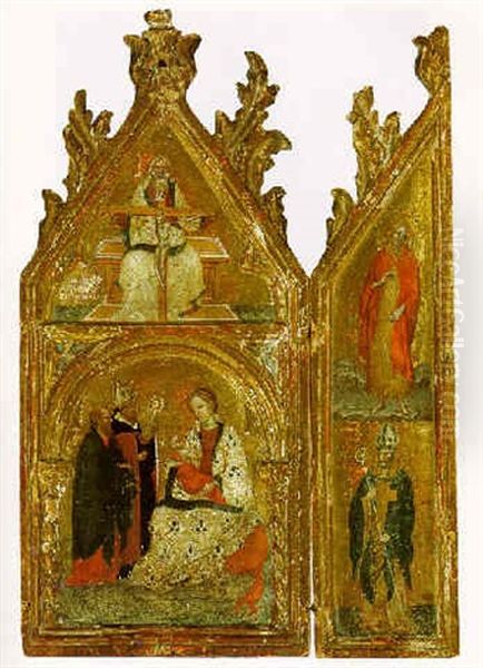 The Madonna Of Humility With Two Saints And The Holy Trinity Above Oil Painting by Jacobello Del Fiore