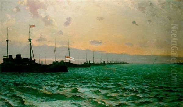 Evening - A Review Of The Fleet Oil Painting by Walter Alfred Firkins