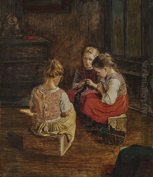 Three Knitting Girls Oil Painting by Walter Firle