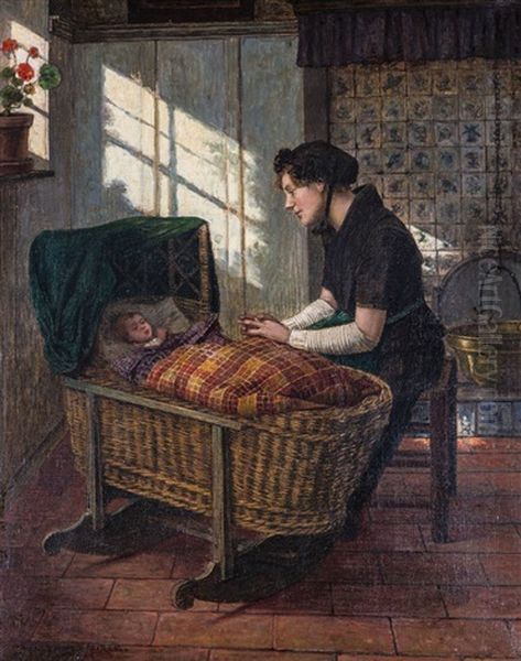 Stimmungsvolle Genreszene In Niederlandischem Interieur Eine Mutter Darstellend, Die Den Schlaf Ihres In Einer Wiege Liegenden Kindes Bewacht Oil Painting by Walter Firle