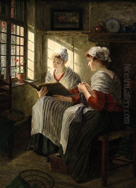 Zwei Madchen Am Fenster Oil Painting by Walter Firle